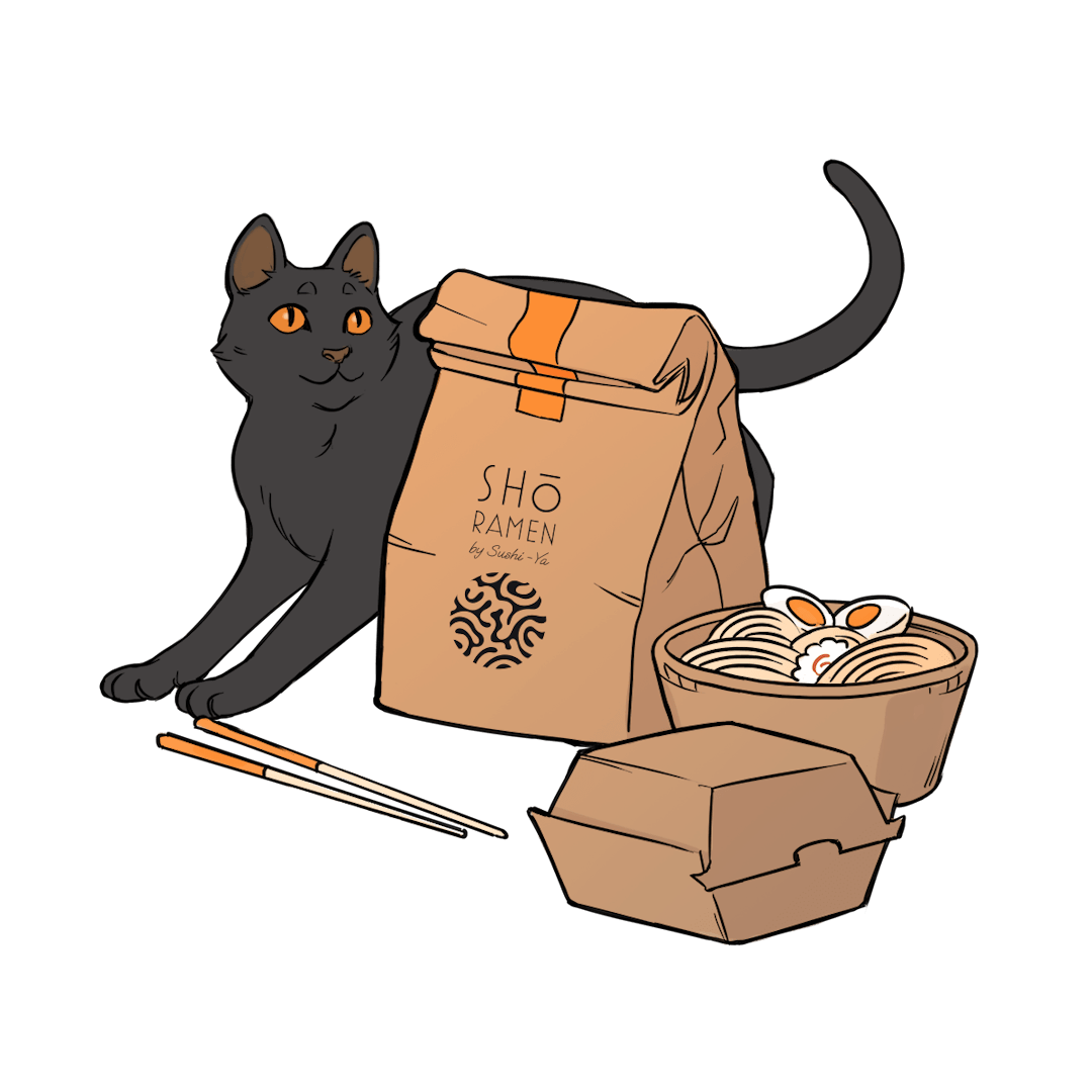 rysunek, na którym stoi kot ze spakowanym na wynos jedzeniem