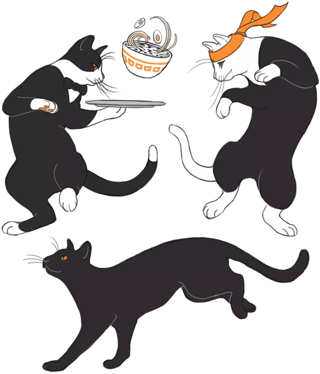 obraz przedstawia tańczące koty z miską, w której jest ramen